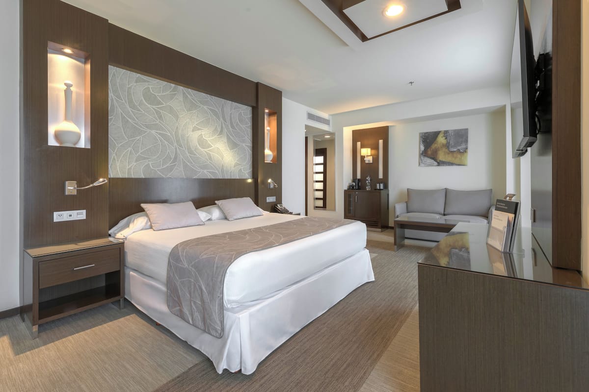 Une chambre d’hôtel moderne avec un grand lit, des tables de chevet, un canapé, une télévision et un mur décoratif.