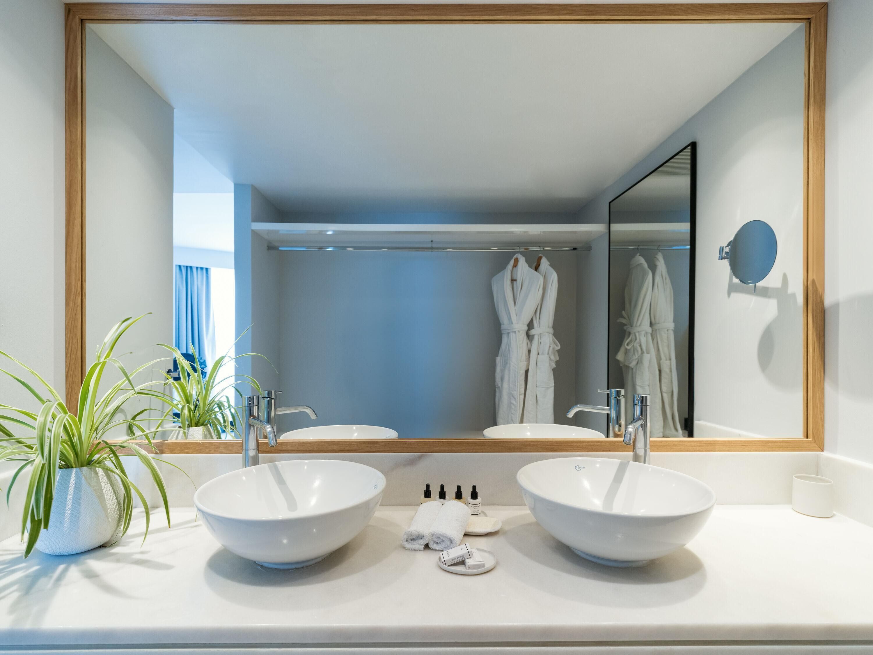 A modern bathroom with two large white sinks, a mirror, and a potted plant.