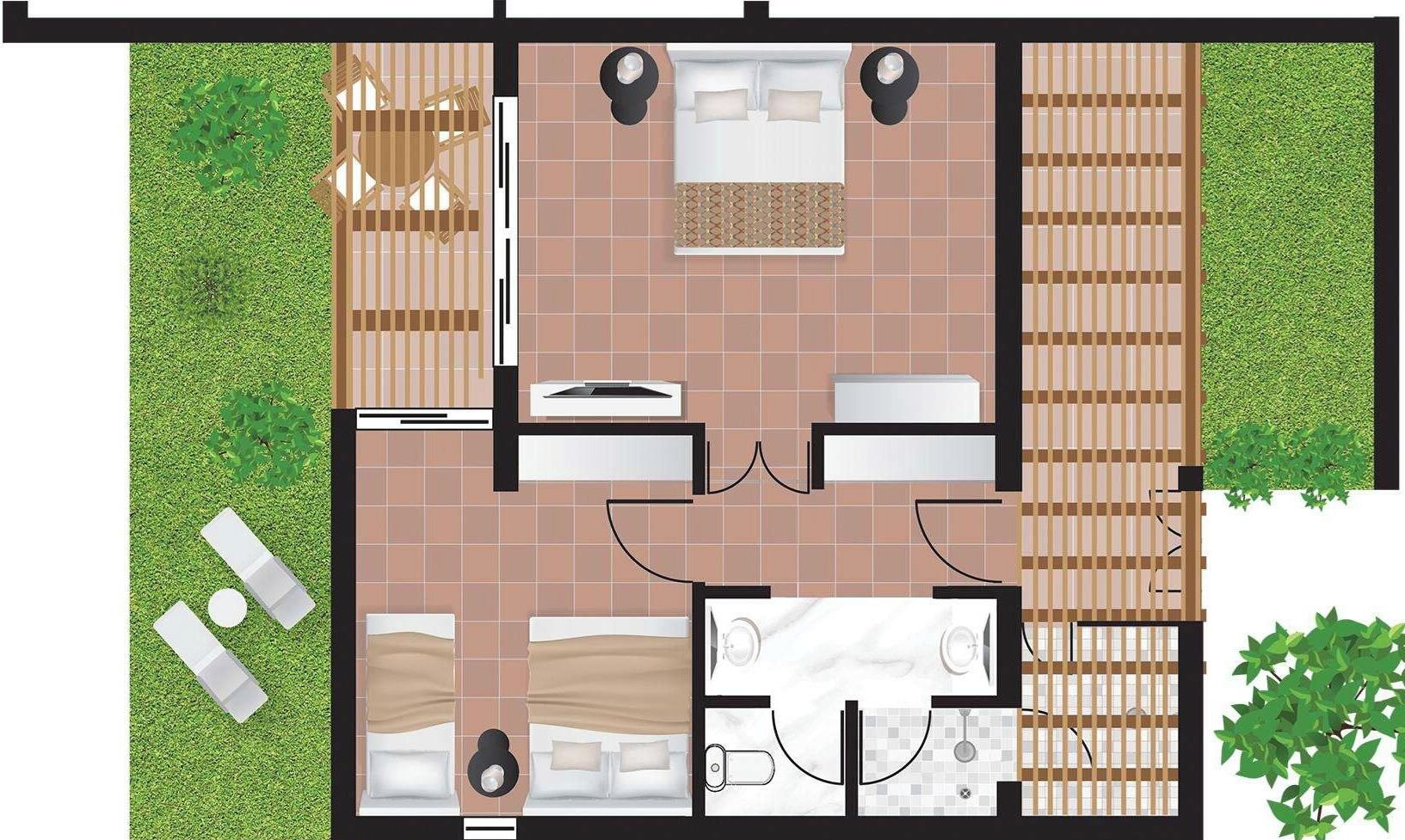 A hotel layout with a central courtyard, multiple bedrooms, a bathroom, and a dining area.