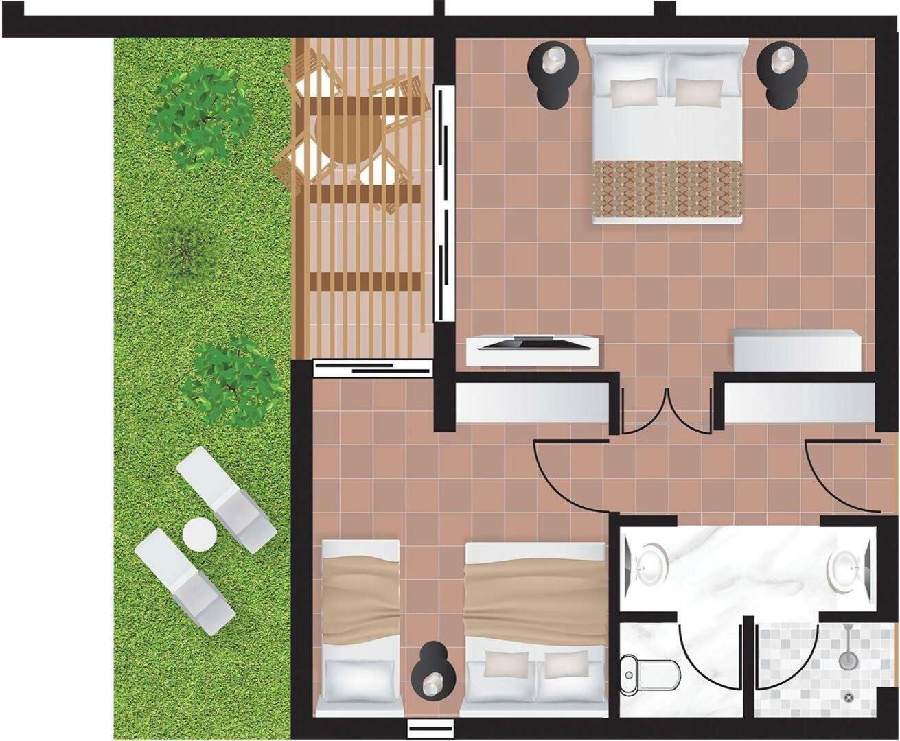 Distribución de una habitación de hotel con cama, zona de estar y baño pequeño.