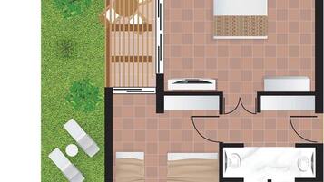 Distribución de una habitación de hotel con cama, zona de estar y baño pequeño.