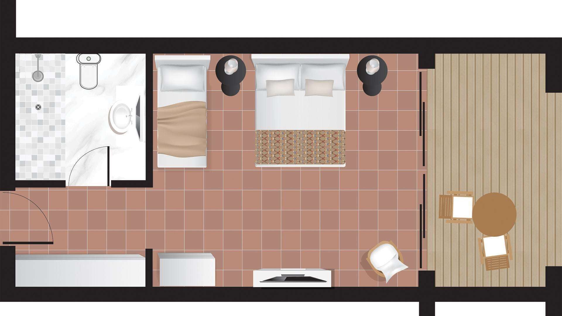 Ein Hotelzimmer mit Bett, zwei Nachttischen, einem Badezimmer inklusive Toilette, Waschbecken und Dusche sowie einer kleinen Sitzecke mit Tisch und Stühlen.