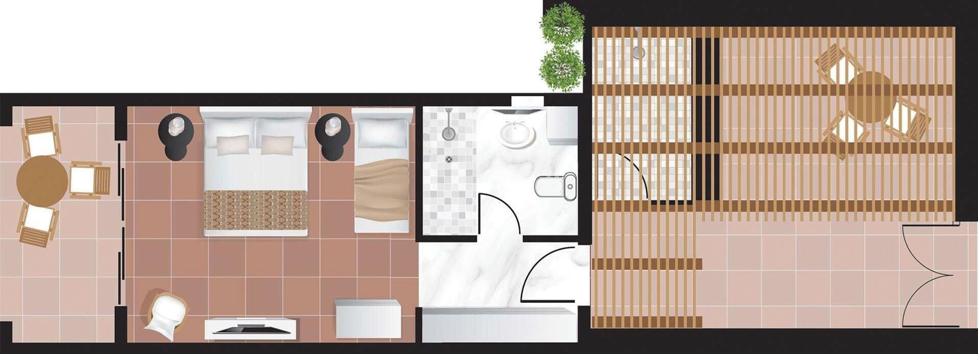 Distribución de una habitación de hotel con cama, mesitas de noche, baño y zona de estar.