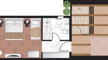 A hotel room layout with a bed, bedside tables, a bathroom, and a seating area.