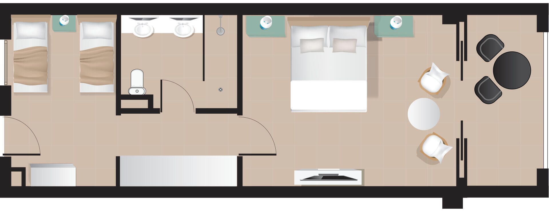 A hotel room layout with two beds, a bathroom, a kitchen, and a dining area.