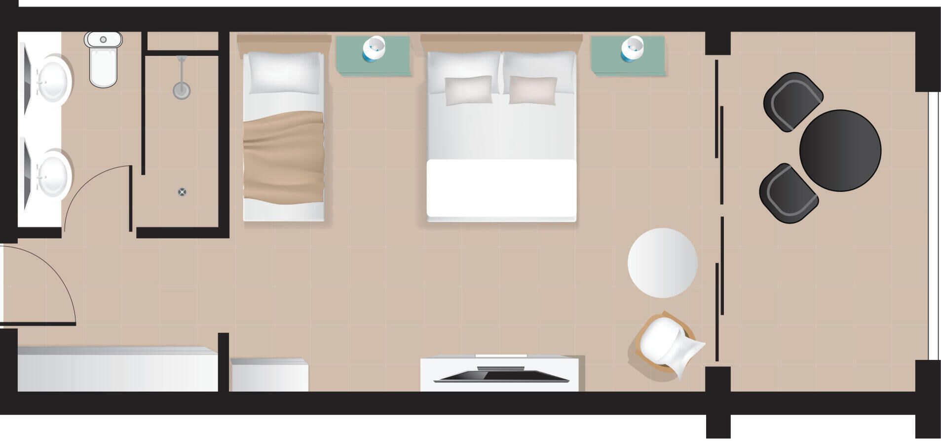 Un plan d’une chambre d’hôtel comprenant un lit, deux tables de chevet, un bureau, une chaise, une petite table avec deux chaises, une table ronde avec quatre chaises, et une salle de bain avec un lavabo et des toilettes.