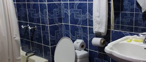 A bathroom with a toilet, sink, and shower.