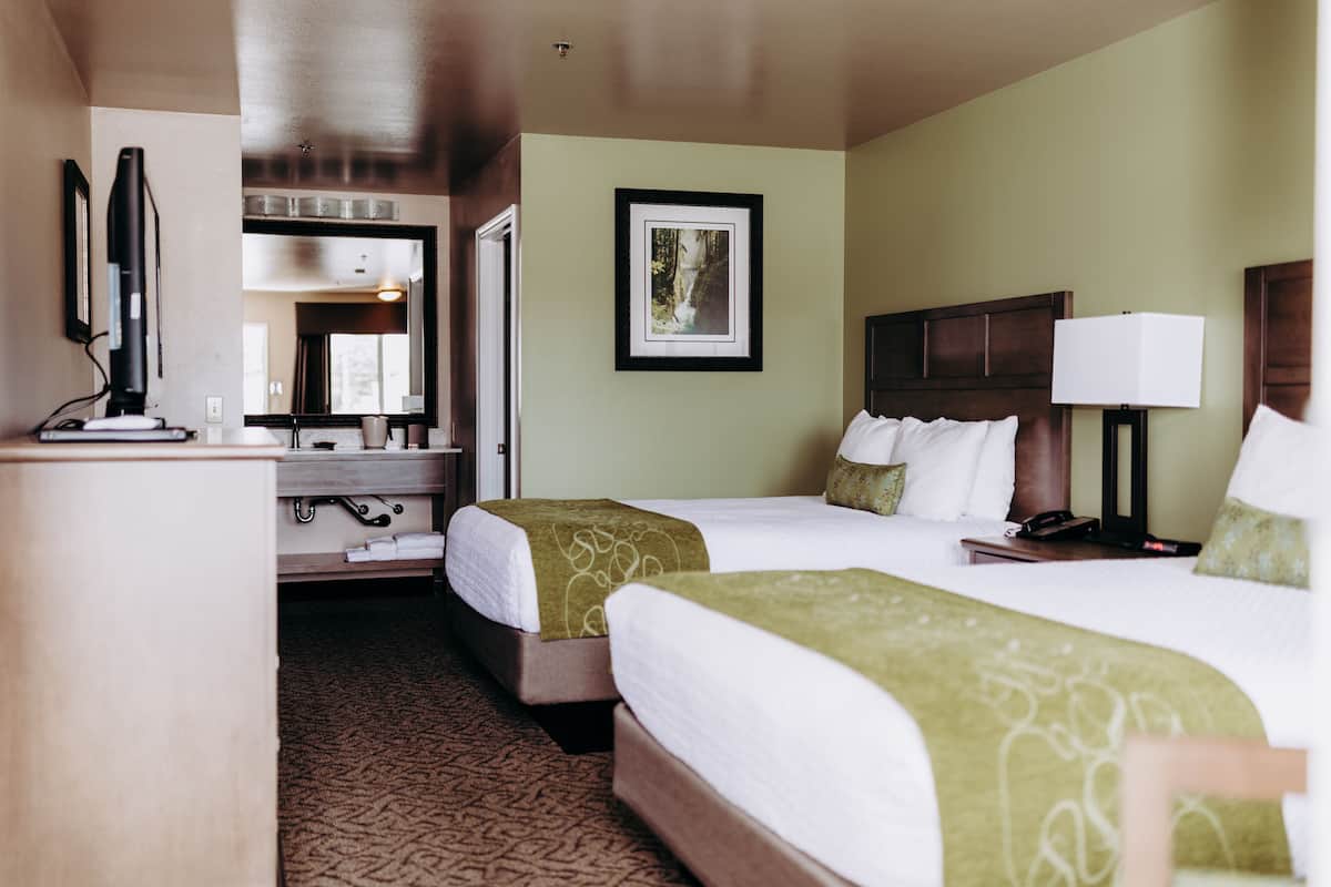Quarto de hotel com duas camas, uma escrivaninha, um espelho e um quadro na parede.