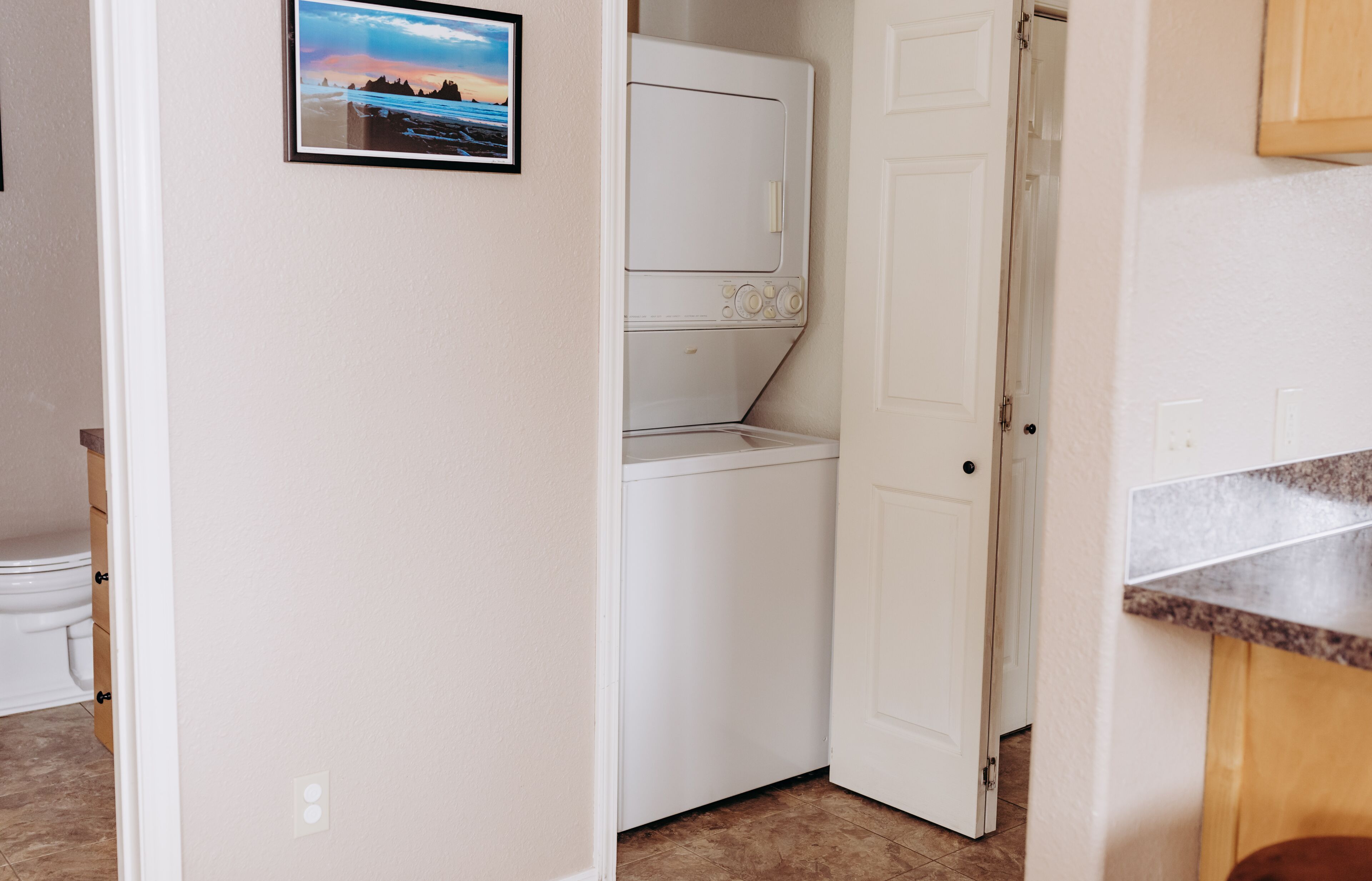 A laundry room with a washing machine and dryer, a door, and a small picture on the wall.