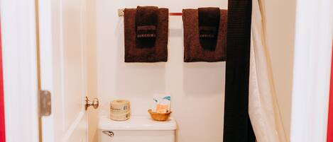 A small bathroom with a toilet, a trash bin, and a shower curtain.