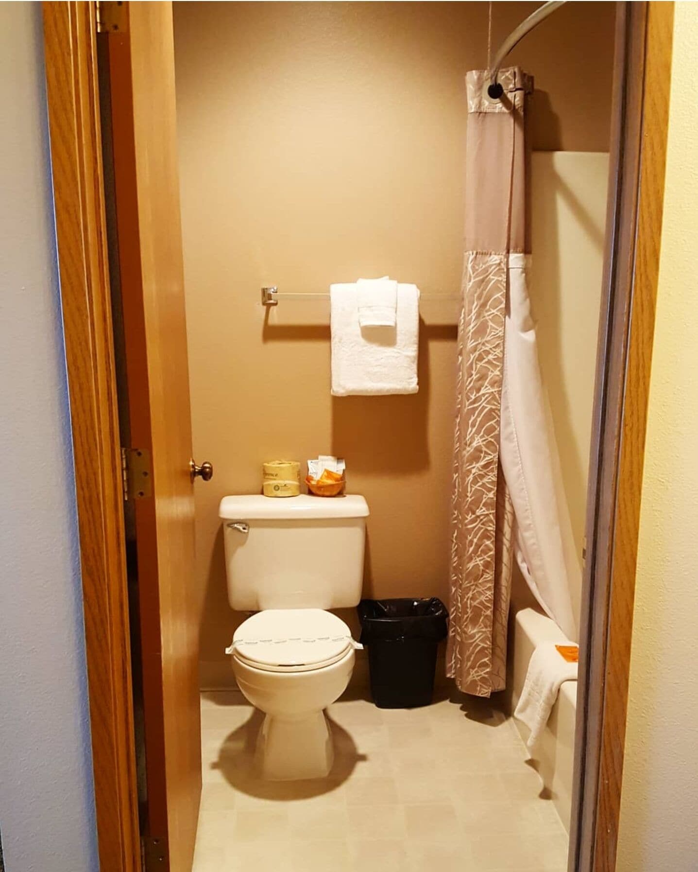 A small bathroom with a toilet, a trash bin, a towel rack with a towel, and a shower curtain.