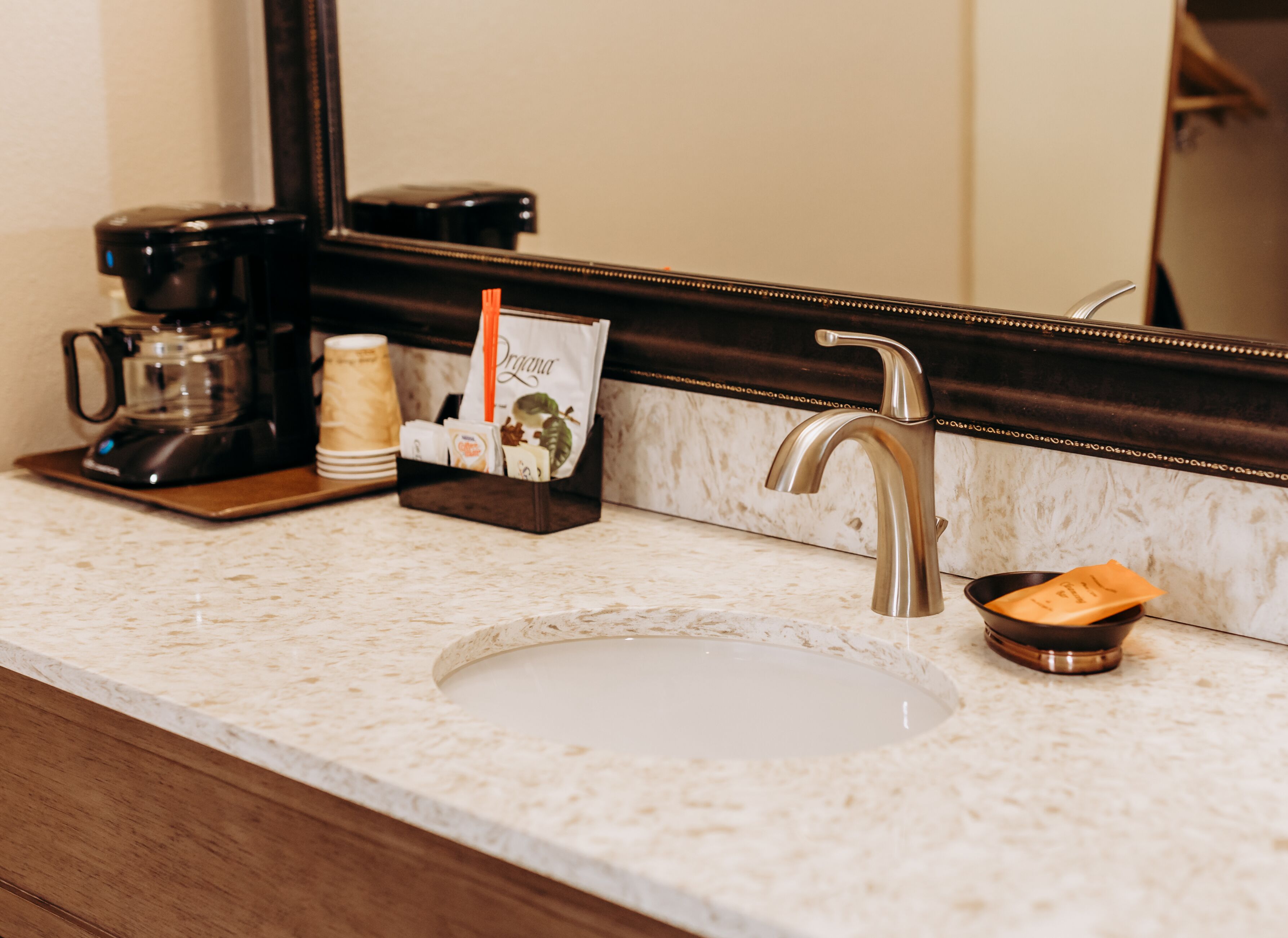 A bathroom with a sink, a coffee maker, a soap dish, and a mirror.