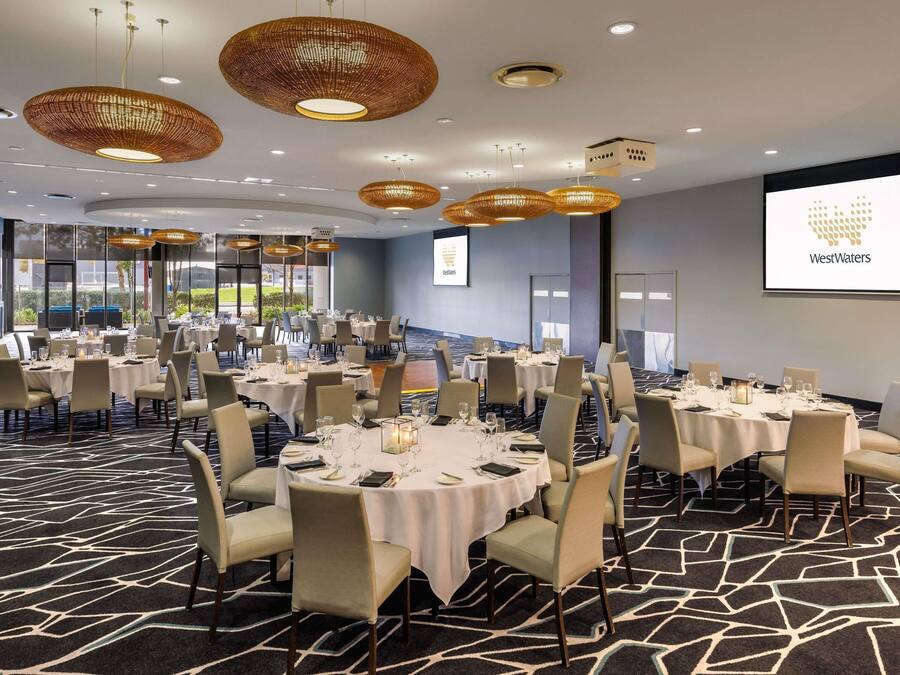Een congreszaal met ronde tafels, stoelen en een groot scherm waarop het WestWaters logo wordt getoond.