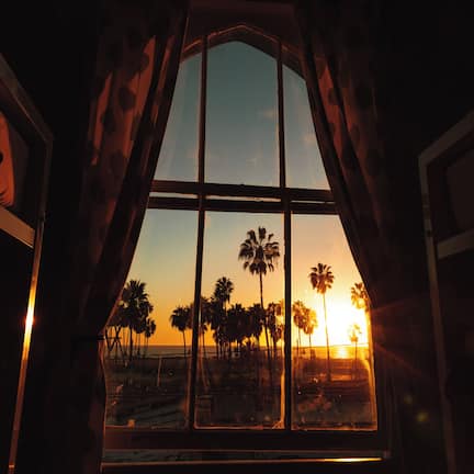A window with a view of palm trees and a sunset.
