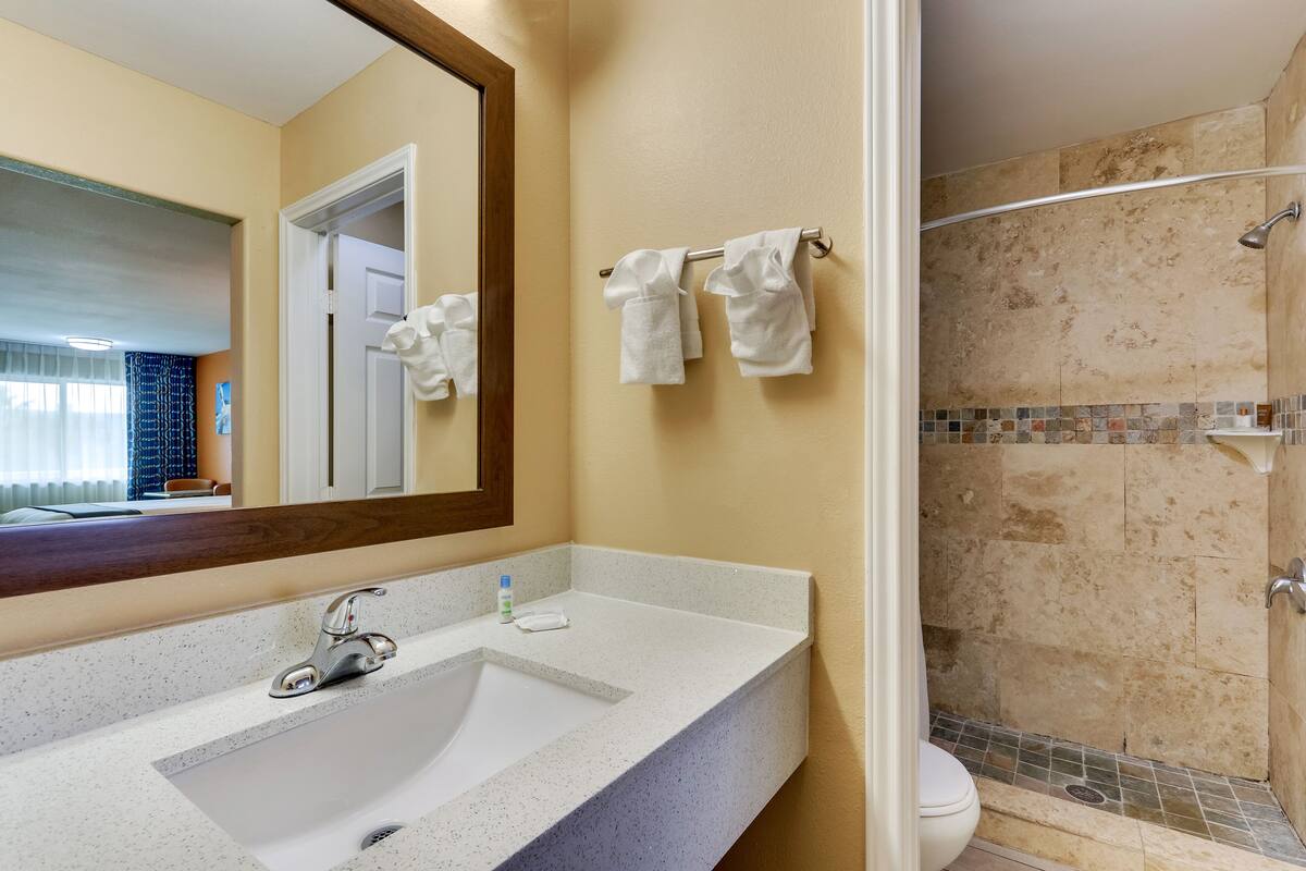 A bathroom with a sink, mirror, towel rack, shower, and toilet.