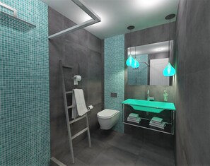 A modern bathroom with a shower, toilet, and sink. - Sweet Pop - Adults Only (Santorini)