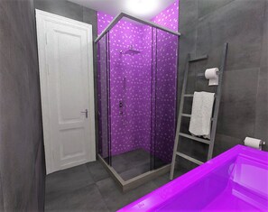 Shower, free toiletries, hair dryer, towels
