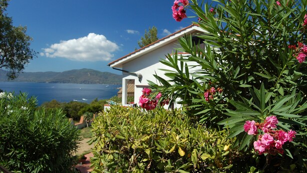 A white building with a red roof, surrounded by lush greenery and pink flowers, overlooking a coastal landscape with mountains in the distance. - La Turistica (Capoliveri)