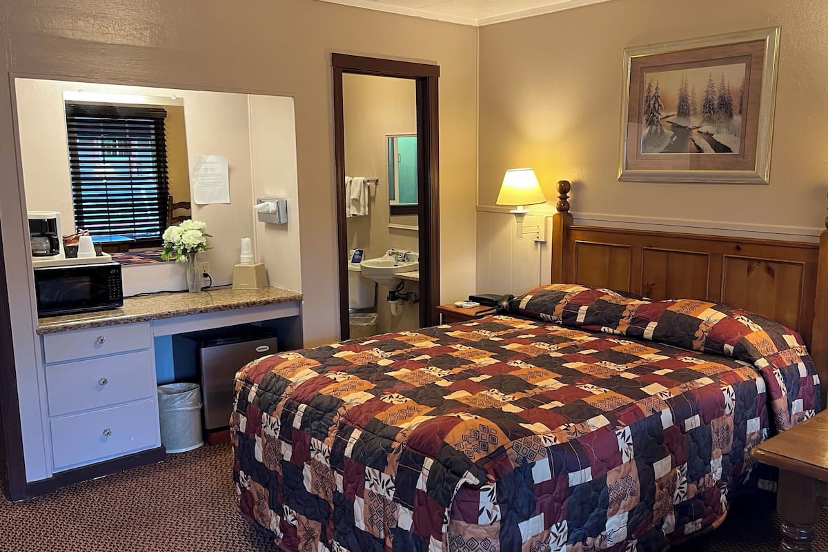 Quarto de hotel com cama, escrivaninha com micro-ondas, pia e um quadro na parede.