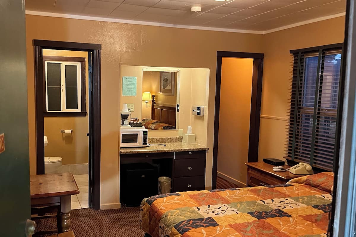 Quarto de hotel com cama, escrivaninha, micro-ondas, pia e sanita.