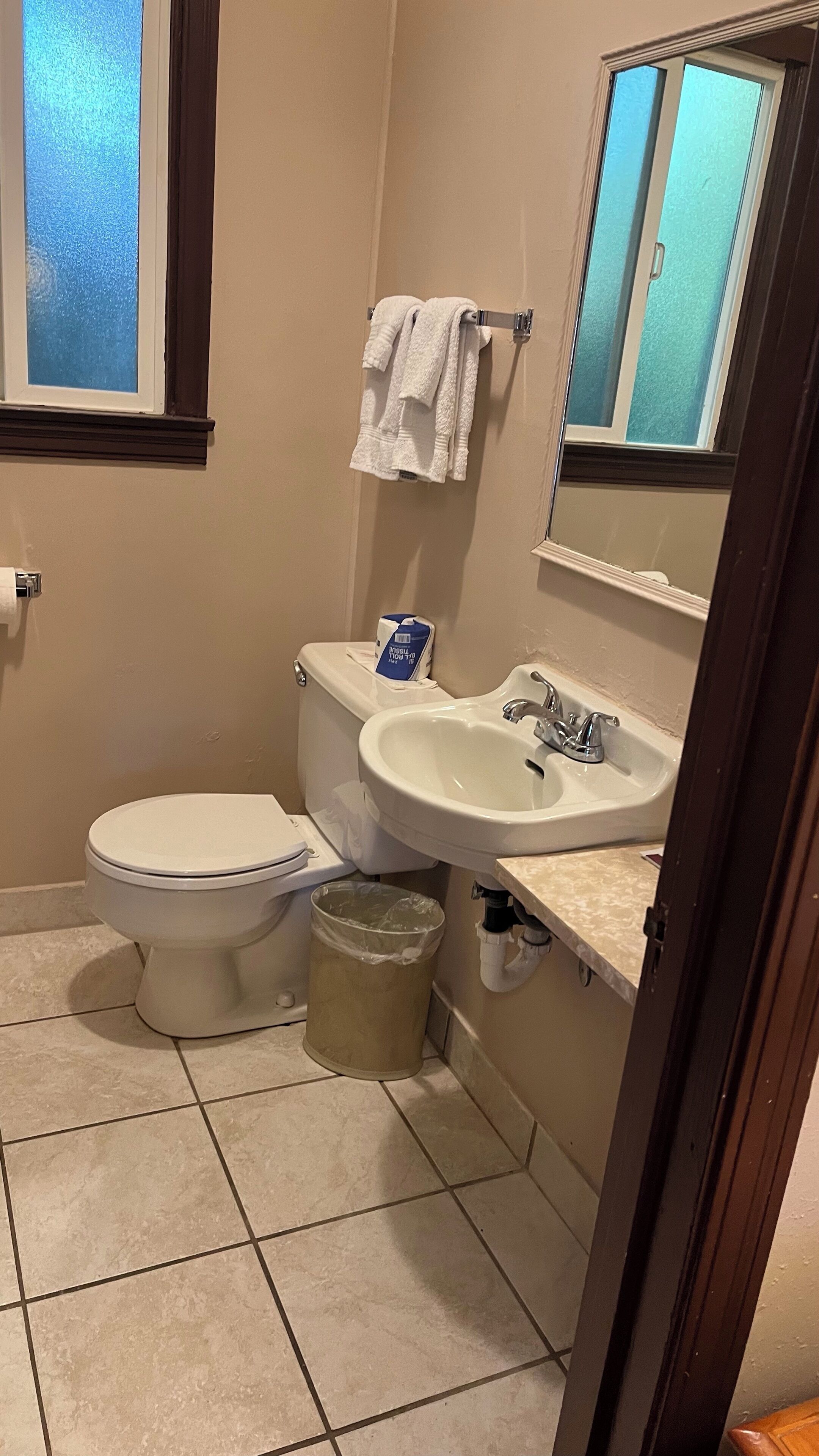 A bathroom with a toilet, sink, and mirror.