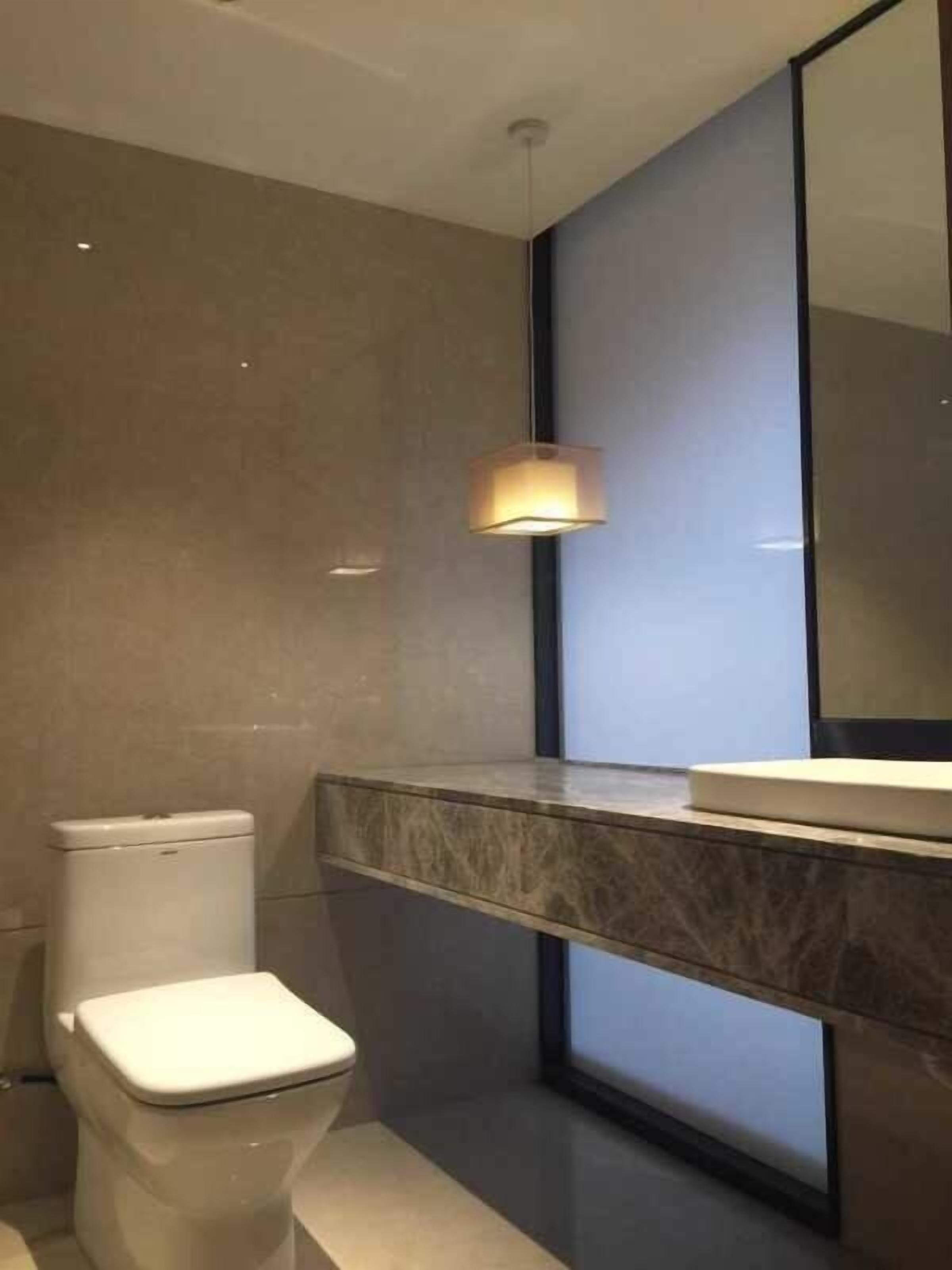 Une salle de bain moderne avec des toilettes, un comptoir en marbre et un miroir.