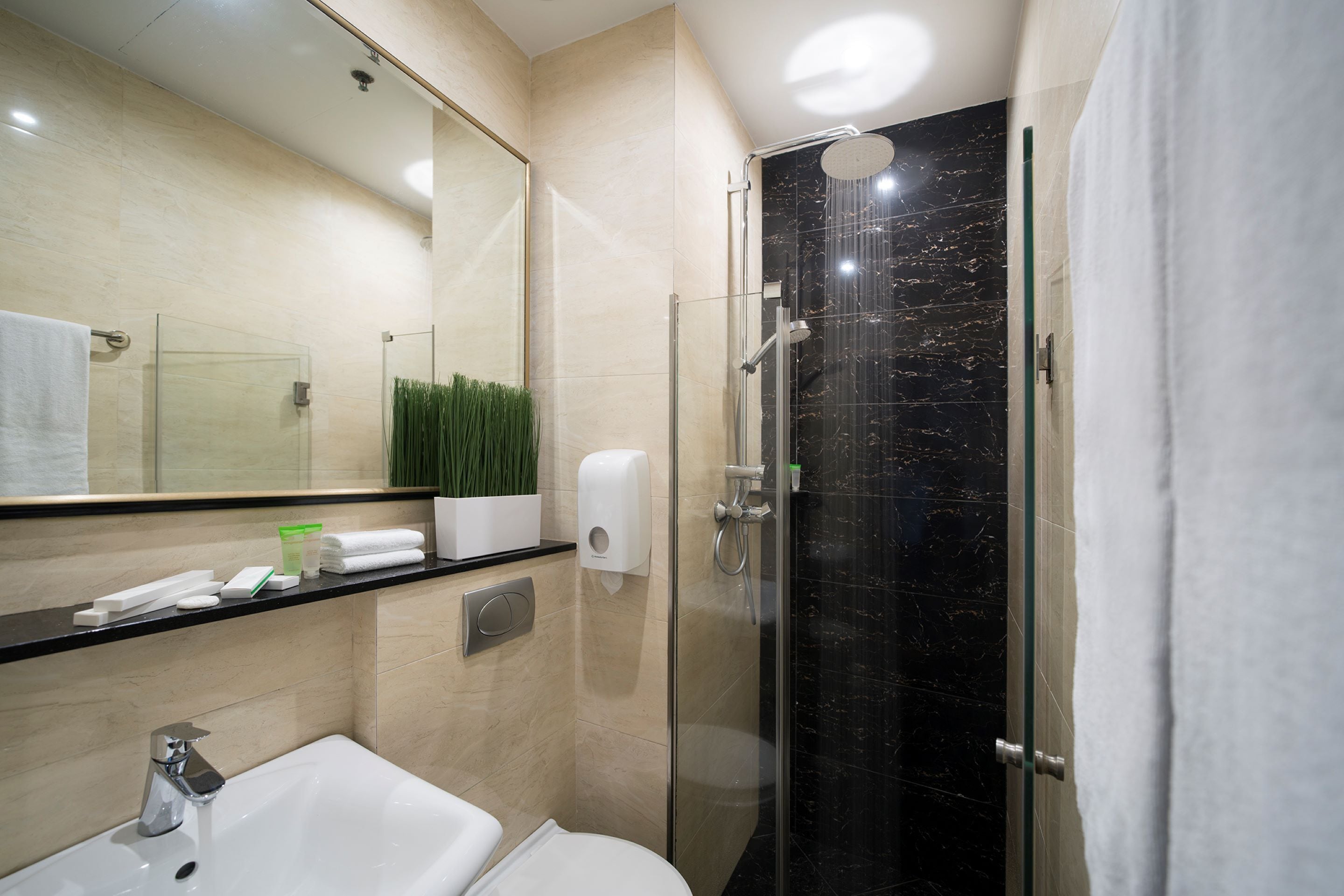 Un baño moderno con ducha envuelta en vidrio, un lavabo blanco y un espejo sobre él.