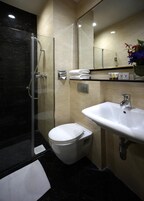 A modern bathroom with a glass-enclosed shower, a white toilet, and a sink with a mirror above.