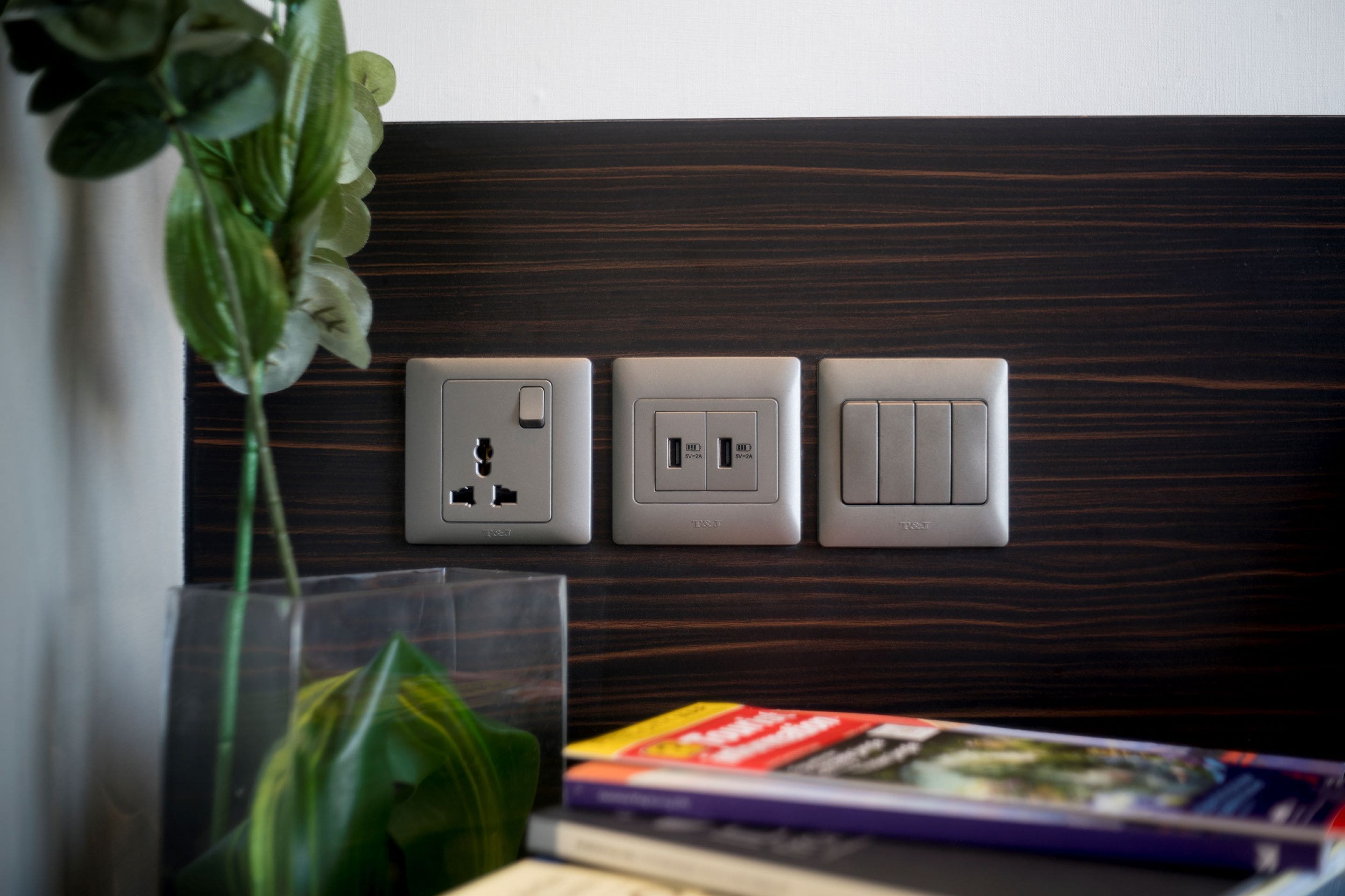 A wall-mounted electrical outlet with a switch and a USB port, a transparent vase with a green plant, and a book on a surface.