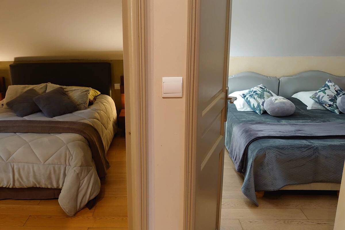 Een slaapkamer met twee bedden, houten vloeren en een zichtbare deur naar een andere kamer.
