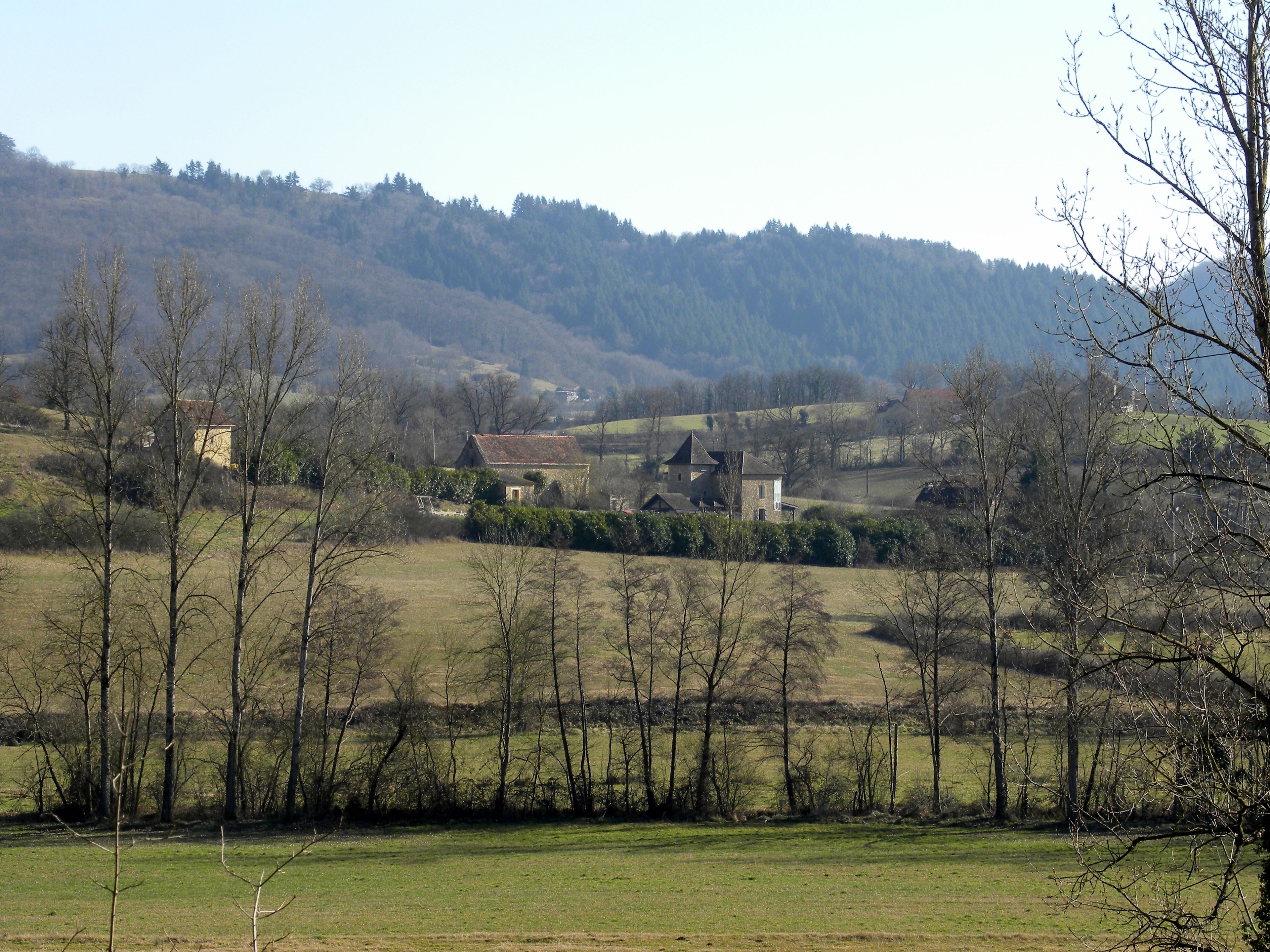 Paesaggio rurale con un gruppo di edifici, tra cui una casa in evidenza con un tetto spiovente, circondata da campi aperti e alberi sparsi.