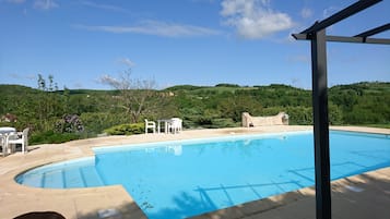 Seasonal outdoor pool, pool umbrellas, sun loungers