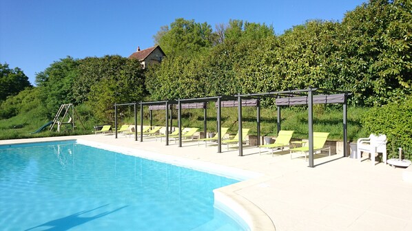 Seasonal outdoor pool, pool umbrellas, pool loungers
