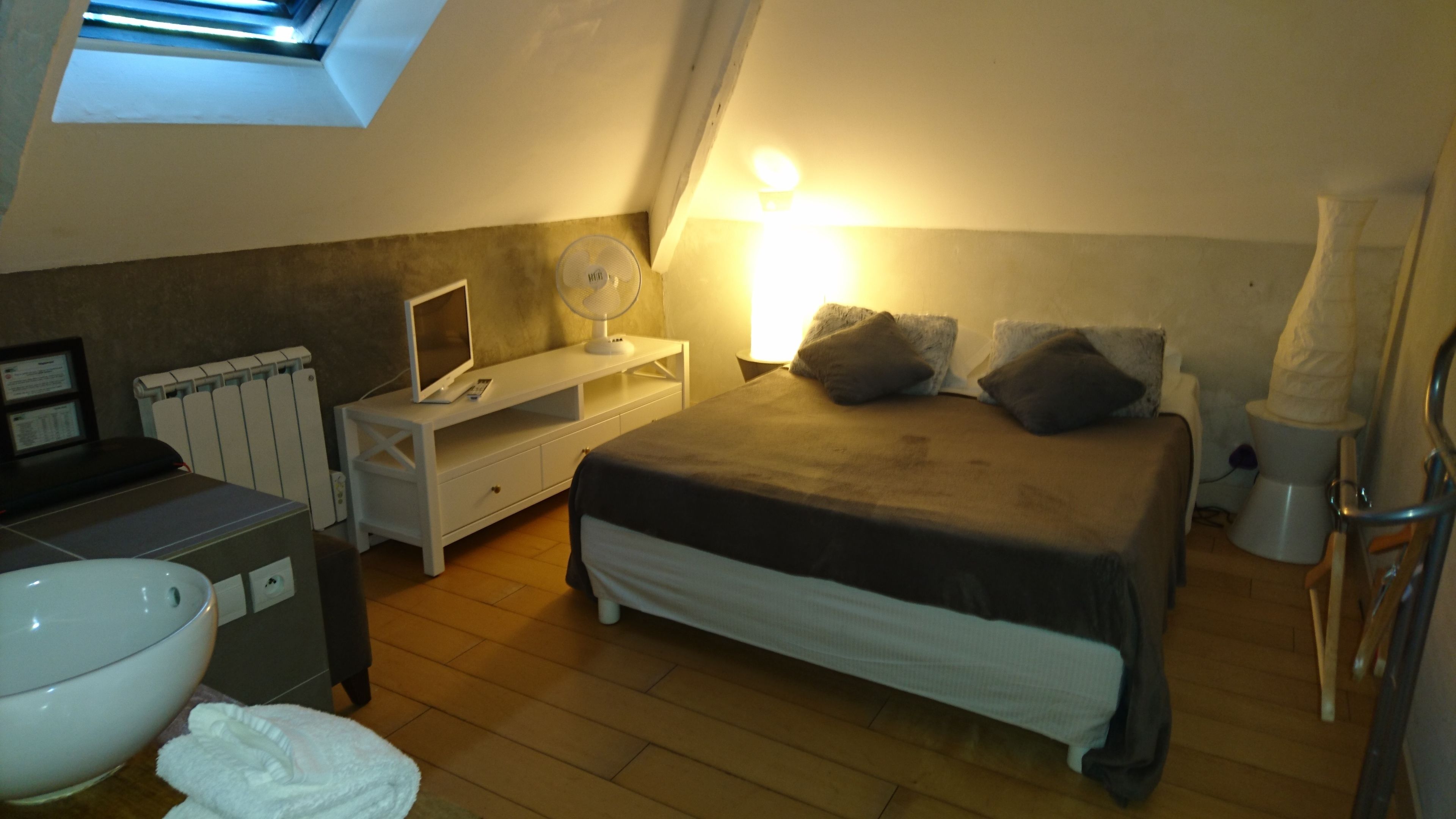 A bedroom with a bed, bedside table, lamp, and a skylight.