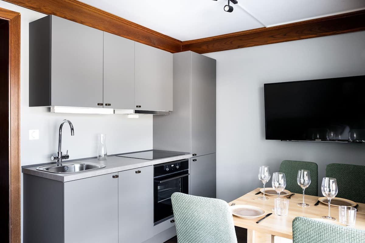 A modern kitchen with a built-in oven, a stainless steel sink, and a flat-screen TV mounted on the wall.