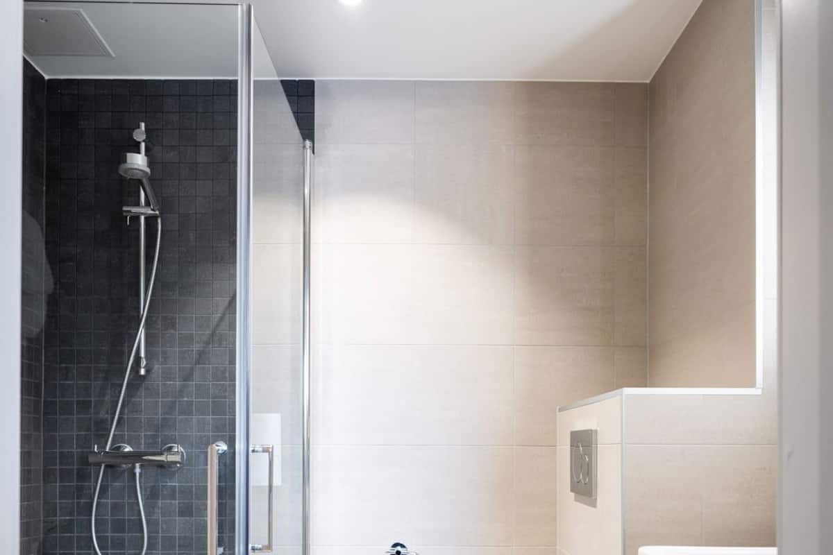 A modern bathroom with a glass-enclosed shower, a toilet, and a vanity with a mirror.