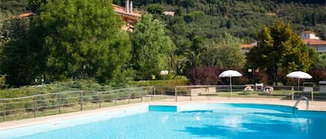 Alberca al aire libre y camastros