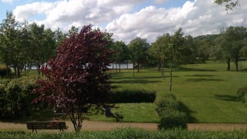 A park with a bench, trees, and a lake.