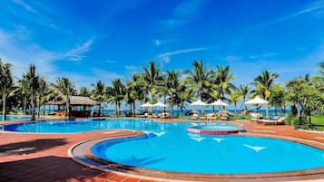 Outdoor pool, pool umbrellas, pool loungers