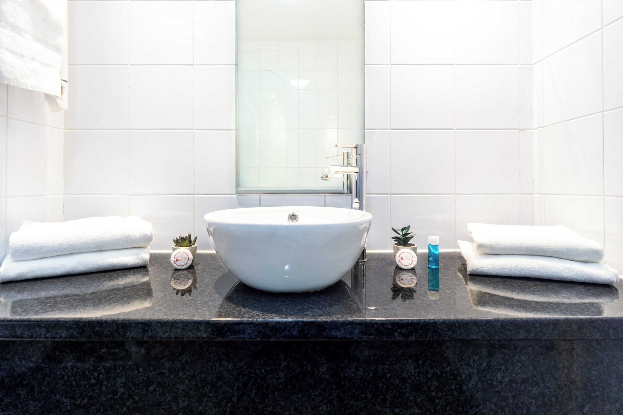 A bathroom with a white sink, two towels, a small plant, and a bottle.