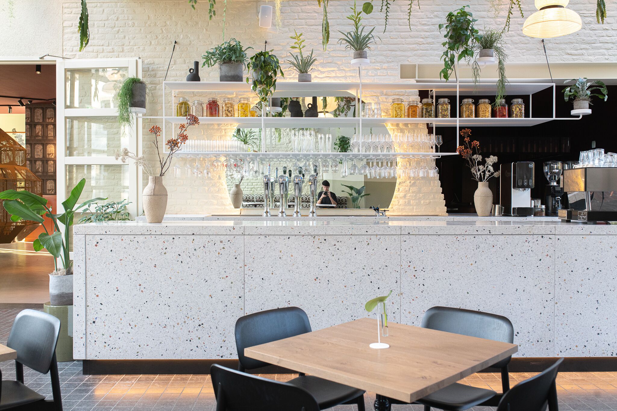 Zona de bar moderna con una encimera veteada, plantas colgantes y una máquina de café.
