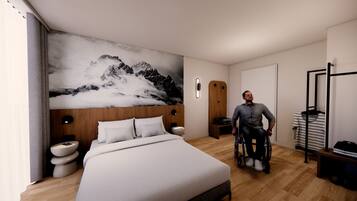 Una habitación de hotel moderna con una cama grande, un cabecero de madera, un baño con inodoro y lavamanos, y un espacio accesible para sillas de ruedas.