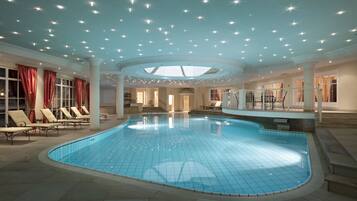 Indoor pool, outdoor pool, pool loungers