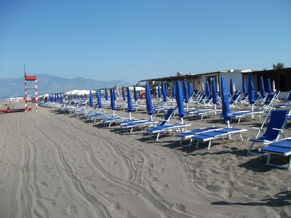 Beach nearby, sun loungers, beach umbrellas