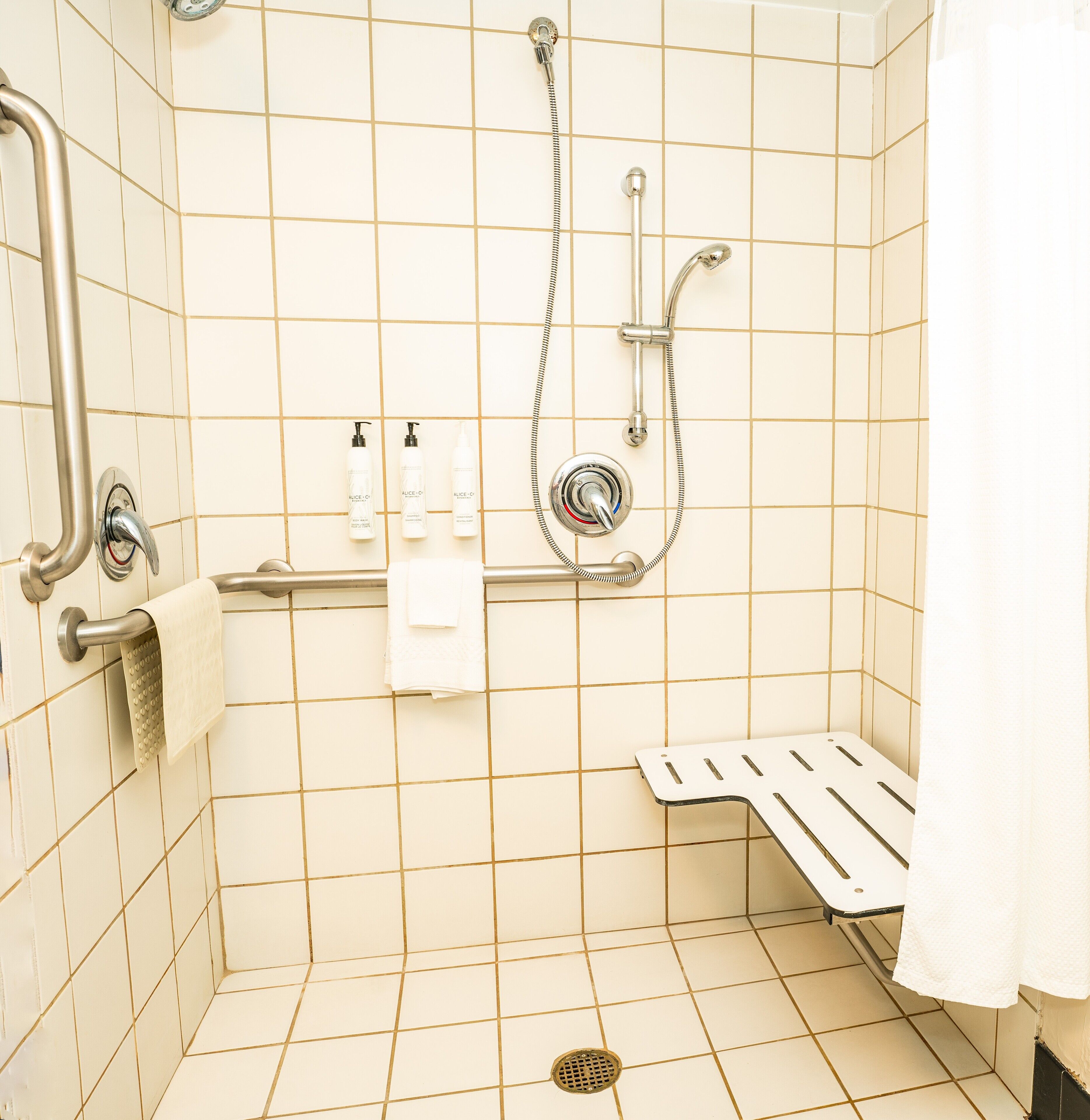 combined shower/bathtub, free toiletries, hair dryer, towels
