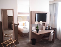 Une chambre d’hôtel comprenant un lit, un bureau avec une chaise, une télévision, une plante et une poubelle.