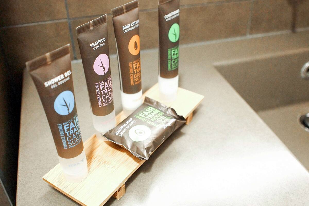 eco-friendly toiletries, hair dryer, towels