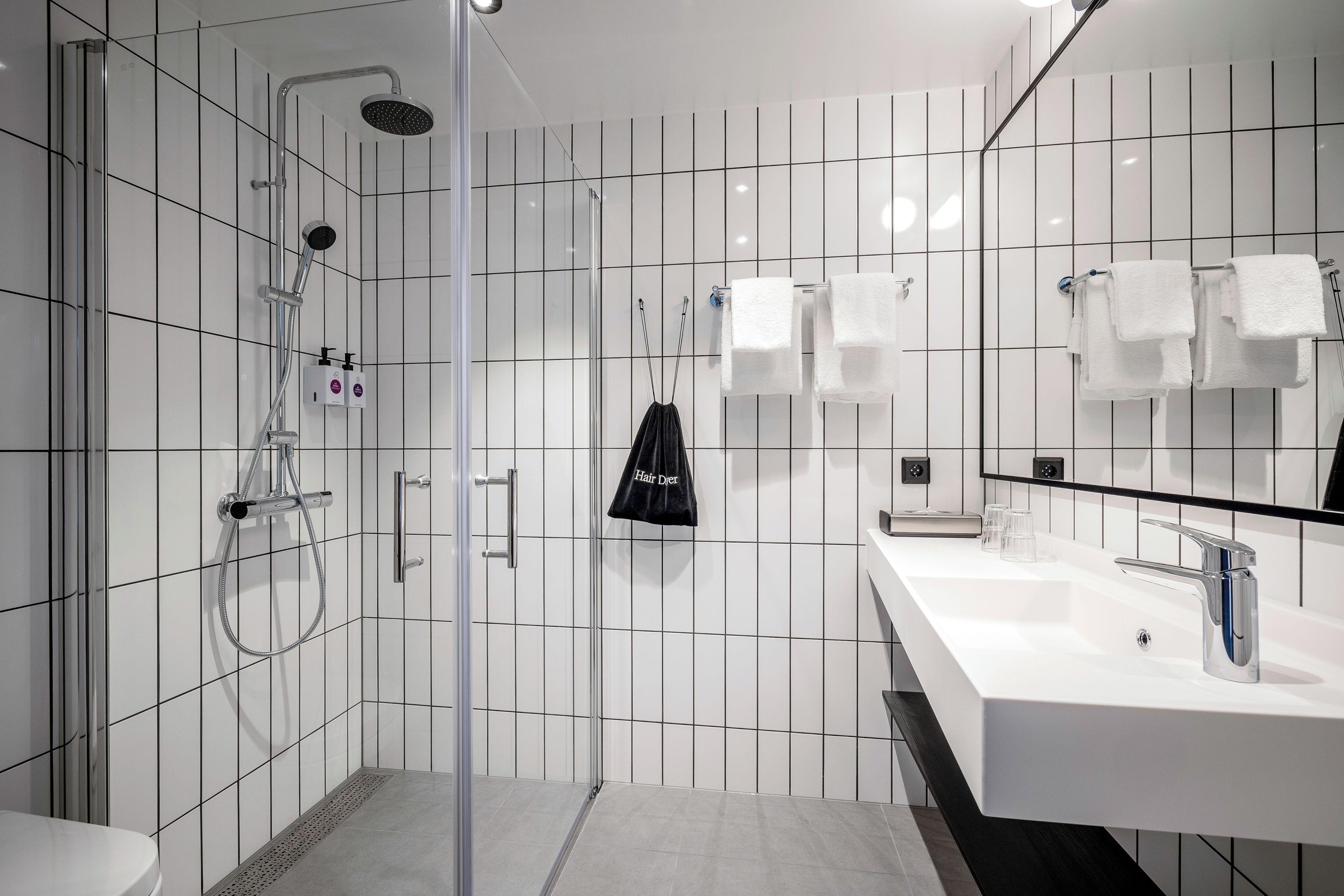 Une salle de bain moderne équipée d’une douche, de toilettes et d’un lavabo.