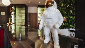 Een bar met een witte astronautbeeld, een glazen vitrine en een groene wand met planten.