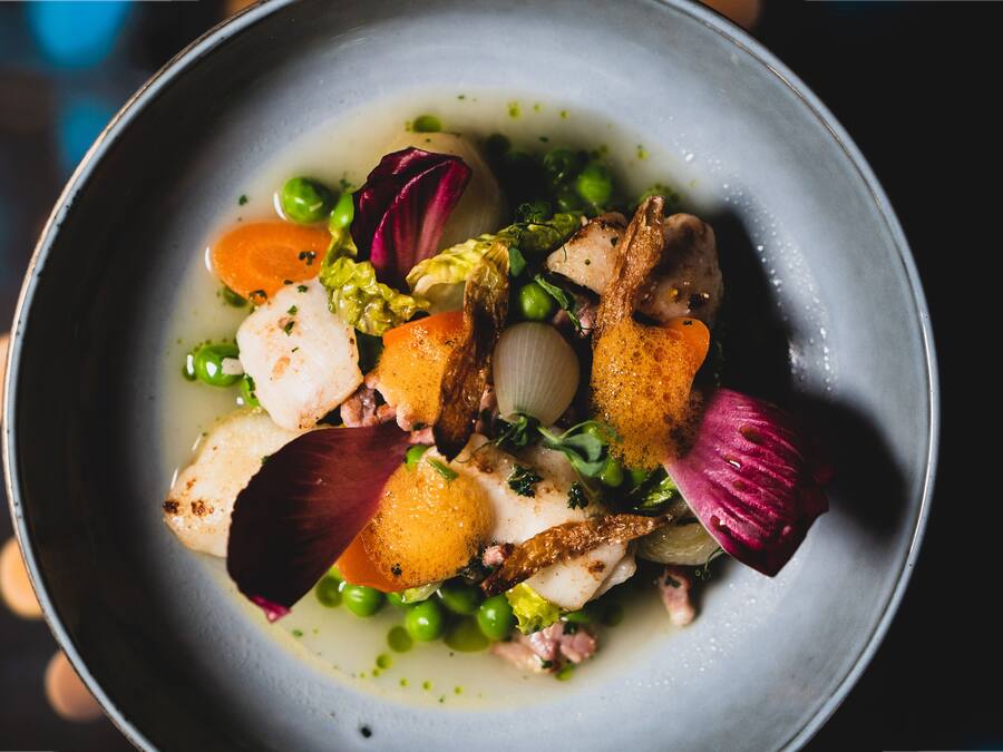 Un plato de comida con diversos vegetales y carne.